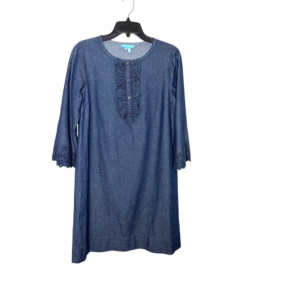 Draper James Chambray Denim Dark Blue Ruffle Shift Dress 3/4 Bell Sleeve Sz 10